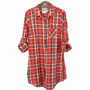 Overdrive Red Plaid Cotton Button Front Tunic Shirt Size Medium